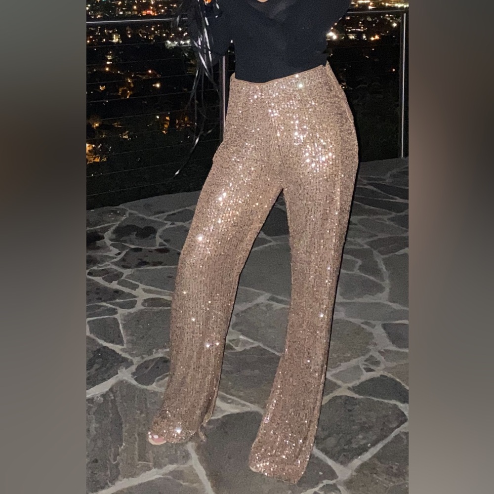 Sequin Wide Leg Pants in Rose Gold